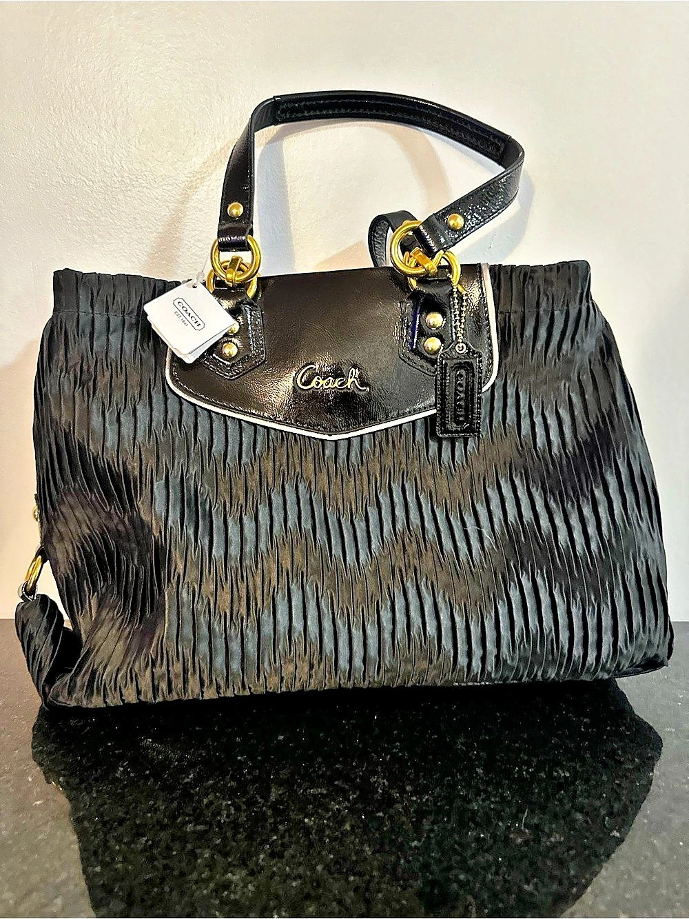 Coach Vintage Ashley Gathered Satin Carryall Satchel Tote Purse black *NEW